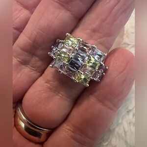 Vintage Signed Uncas Multi Gemstones Sterling Silver Cluster Statement Ring